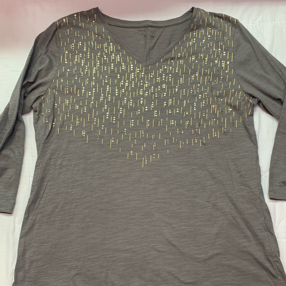 Rebecca Malone Gray Metallic Embellished V-Neck Long Sleeve Top Casual Sparkle